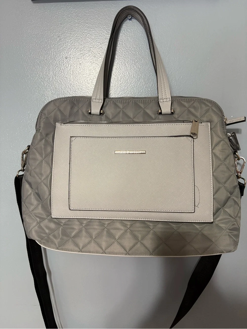 Steve Madden Quilted Laptop Tote in Light Gray and Cream